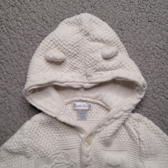 Ralph Lauren Sweater Unisex 12M Cream Cable Combed Knit Bear Cardigan Hooded - Picture 3 of 5